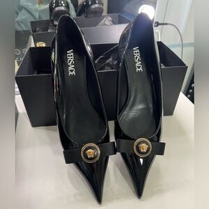 Versace Black Pointed-Toe Flats with Bow Medusa Detail